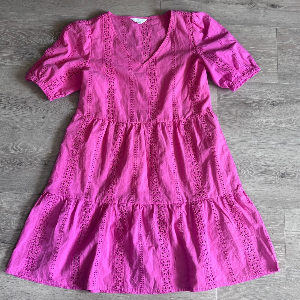 Time and Tru Pink Eyelet Tiered Babydoll Mini Dress Womens Small 4-6 Puff Sleeve